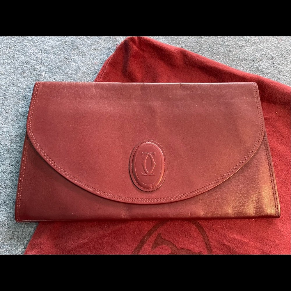 CARTIER Envelope Clutch Bag - Burgundy/Brown Leather Double C Logo Flap Closure